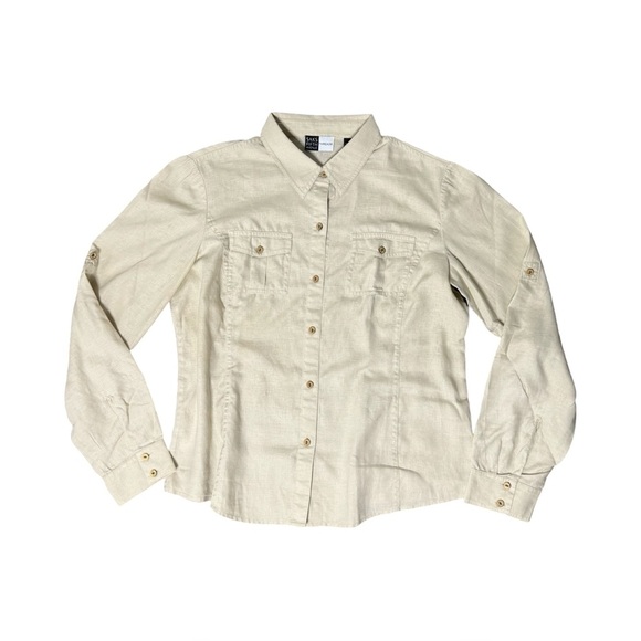 Saks Fifth Avenue Threads 100% Linen Utility Top Womens S 12 Beige Button Down - Picture 1 of 9